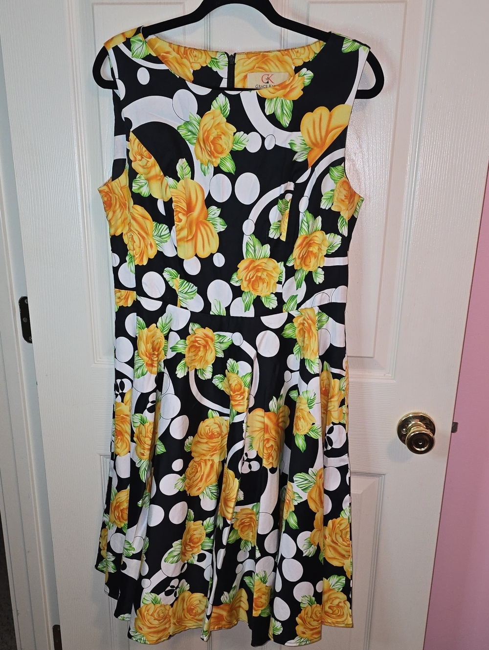 Grace Karin Black, White & Yellow Floral Polka Dot Midi Dress